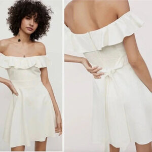 Zara Linen Blend Ruffle Bow Tie Back Mini Dress Ecru White Size Small